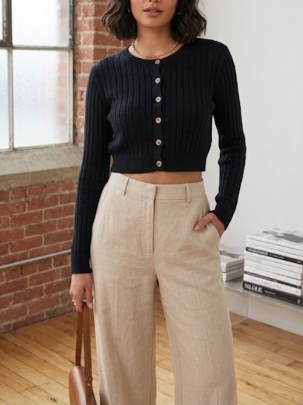 Wild Fable Black Ribbed Knit Cropped Cardigan Sweater Size M